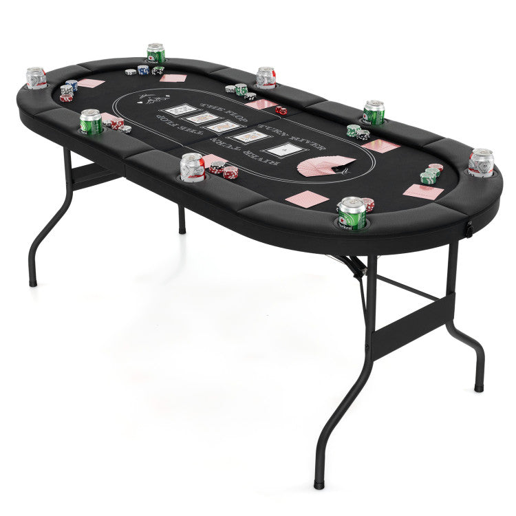 72 Inch Foldable Poker Table Portable 8 Players Card Board Game Casino Tabletop Oval Blackjack Table with Cup Holders and Anti-Slip Footpads