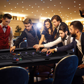 72 Inch Foldable Poker Table Portable 8 Players Card Board Game Casino Tabletop Oval Blackjack Table with Cup Holders and Anti-Slip Footpads