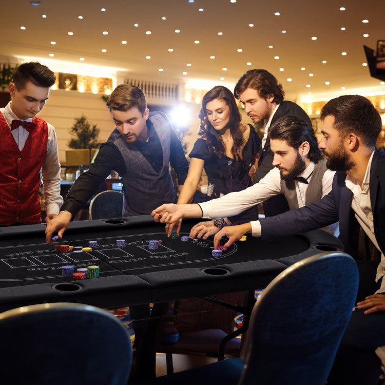 72 Inch Foldable Poker Table Portable 8 Players Card Board Game Casino Tabletop Oval Blackjack Table with Cup Holders and Anti-Slip Footpads