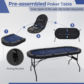 72 Inch Foldable Poker Table Portable 8 Players Card Board Game Casino Tabletop Oval Blackjack Table with Cup Holders and Anti-Slip Footpads