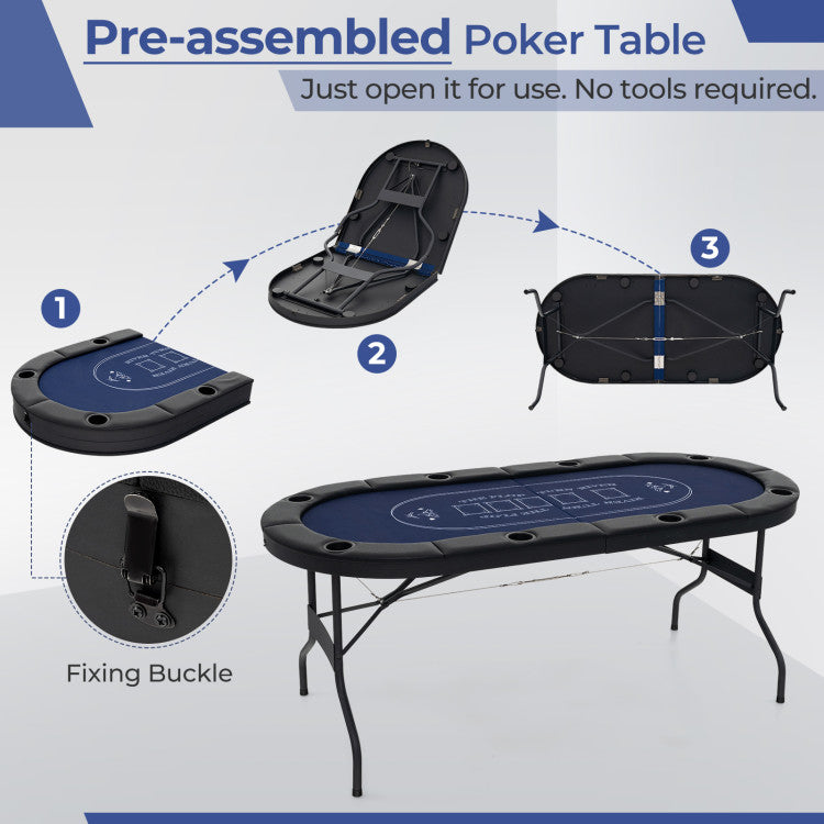 72 Inch Foldable Poker Table Portable 8 Players Card Board Game Casino Tabletop Oval Blackjack Table with Cup Holders and Anti-Slip Footpads