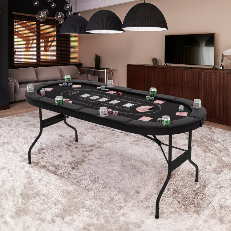 72 Inch Foldable Poker Table Portable 8 Players Card Board Game Casino Tabletop Oval Blackjack Table with Cup Holders and Anti-Slip Footpads