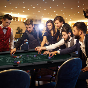 72 Inch Foldable Poker Table Portable 8 Players Card Board Game Casino Tabletop Oval Blackjack Table with Cup Holders and Anti-Slip Footpads