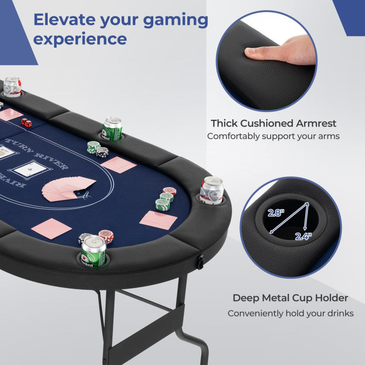 72 Inch Foldable Poker Table Portable 8 Players Card Board Game Casino Tabletop Oval Blackjack Table with Cup Holders and Anti-Slip Footpads