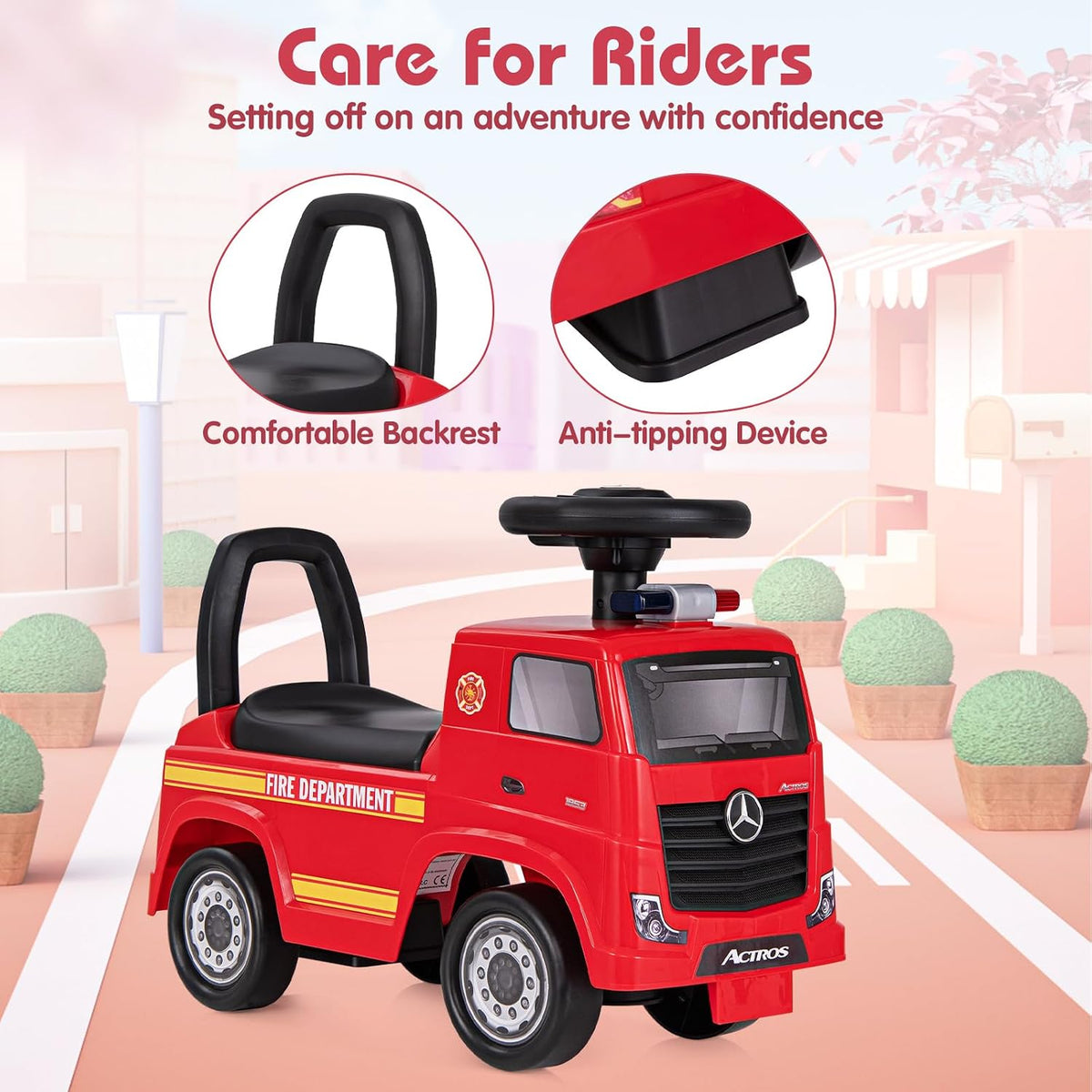 Mercedes-Benz Licensed Kids' Ride On Truck, Foot-to-Floor Push Fire Engine w/ Music & Horn, Sit & Scoot Toy w/ Steering Wheel & Hidden Storage Space, Perfect Gift for 2+ Boys & Girls, Red