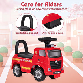 Mercedes-Benz Licensed Kids' Ride On Truck, Foot-to-Floor Push Fire Engine w/ Music & Horn, Sit & Scoot Toy w/ Steering Wheel & Hidden Storage Space, Perfect Gift for 2+ Boys & Girls, Red