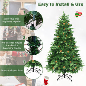 7/7.5/8 Feet Artificial Christmas Tree with LED Lights and Pine Cones