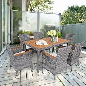 7 Pieces Patio Rattan Dining Table Set Outdoor Furniture Set with Cushion and Acacia Wood Table