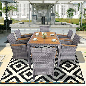 7 Pieces Patio Rattan Dining Table Set Outdoor Furniture Set with Cushion and Acacia Wood Table