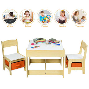 Kids Table & Chairs Set, 3-in-1 Wooden Toddler Activity Table with Storage, Reversible Tabletop & Blackboard for Art Craft, Drawing, Playroom