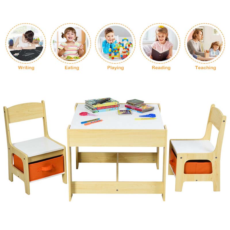 Kids Table & Chairs Set, 3-in-1 Wooden Toddler Activity Table with Storage, Reversible Tabletop & Blackboard for Art Craft, Drawing, Playroom