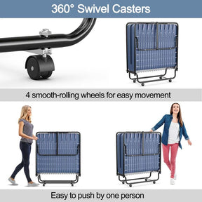 79" x 39" Rollaway Folding Bed with 5" Memory Foam Mattress, Twin Size Portable Guest Bed with Wheels