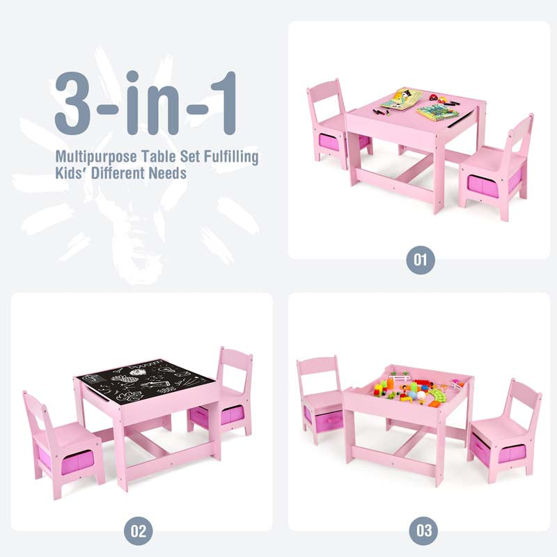 Kids Table & Chairs Set, 3-in-1 Wooden Toddler Activity Table with Storage, Reversible Tabletop & Blackboard for Art Craft, Drawing, Playroom