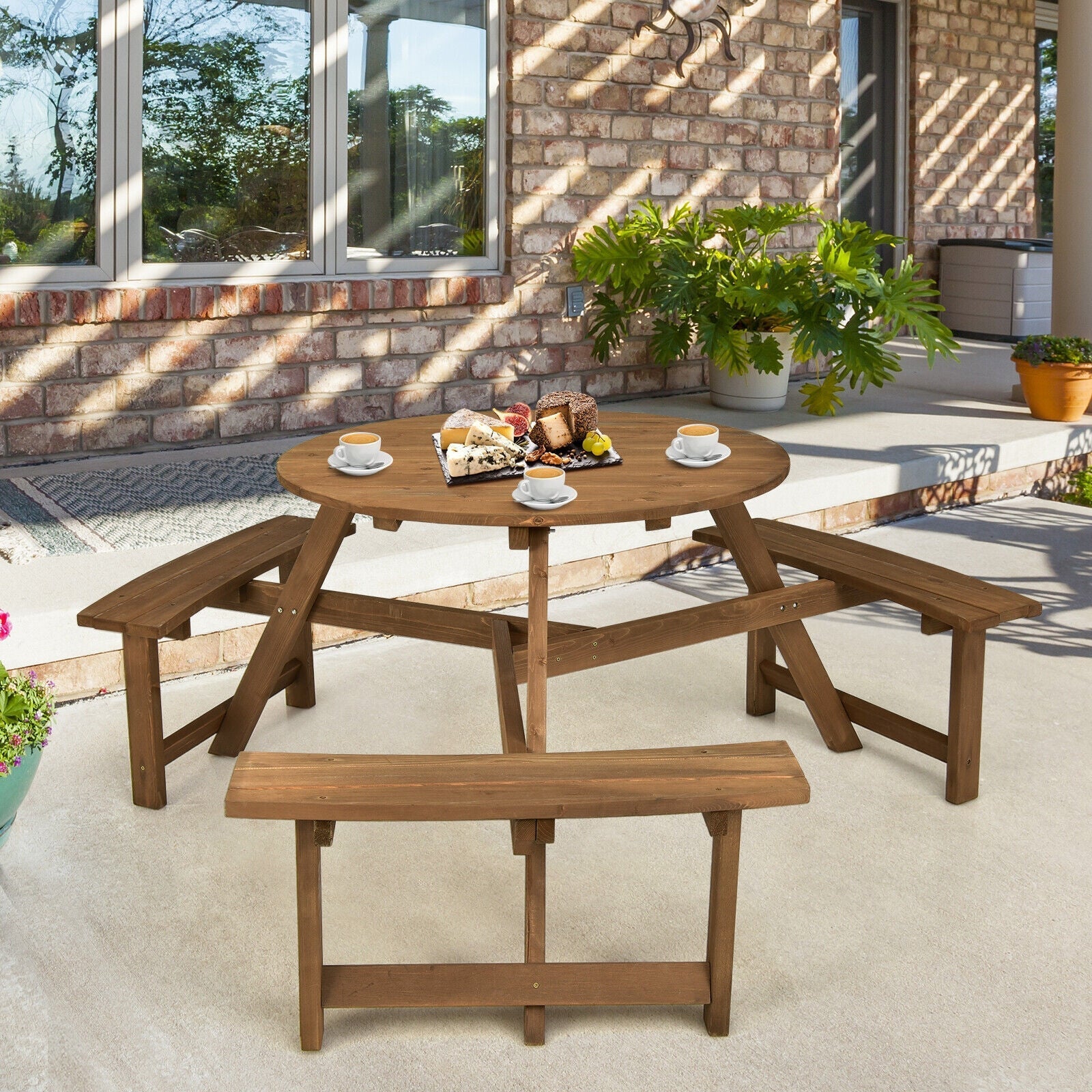 6-person Round Wooden Picnic Table with Umbrella Hole and 3 Built-in Benches