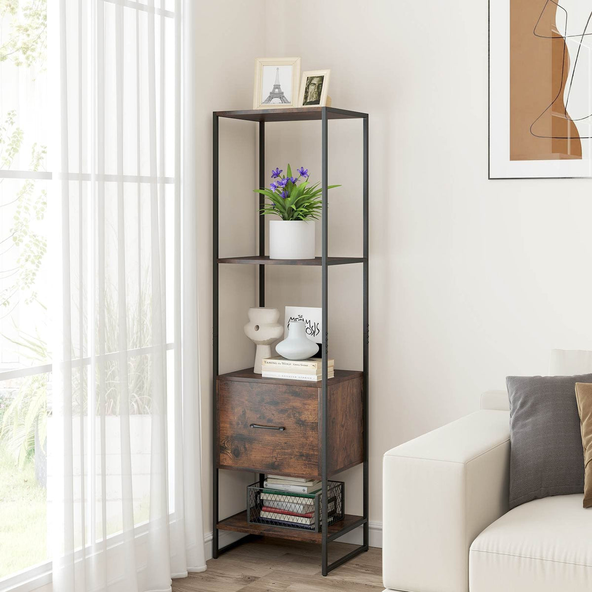 5-Tier Bookshelf with Drawer Tall Narrow Bookcase