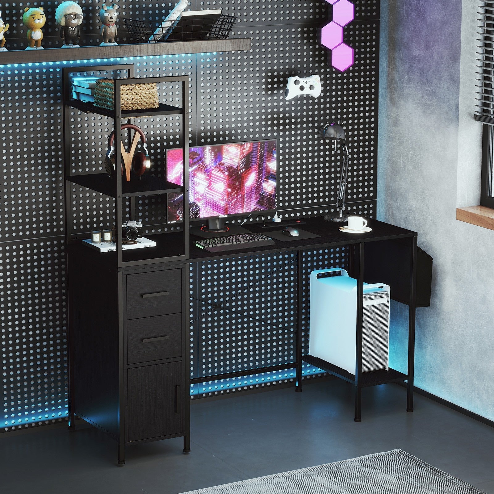 Office Desk w/ LED Light & Power Outlets Computer Desk
