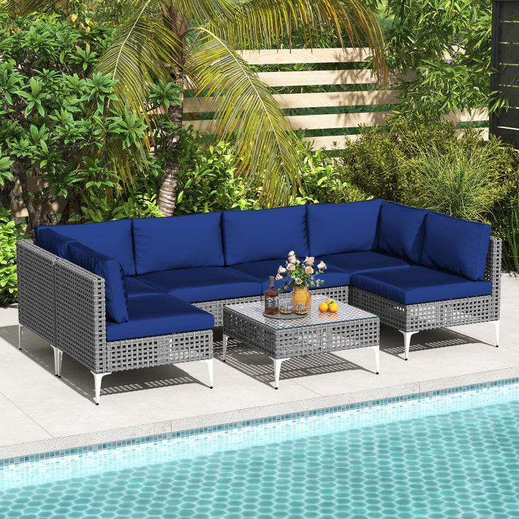 7 Piece Outdoor Furniture Set Wicker Chairs with Tempered Glass Coffee Table