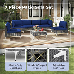 7 Piece Outdoor Furniture Set Wicker Chairs with Tempered Glass Coffee Table