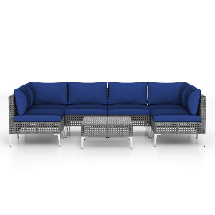 7 Piece Outdoor Furniture Set Wicker Chairs with Tempered Glass Coffee Table