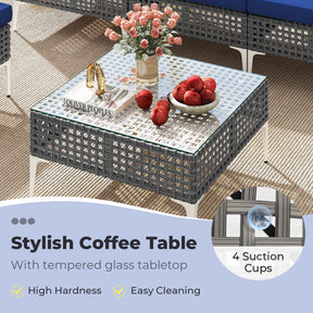 7 Piece Outdoor Furniture Set Wicker Chairs with Tempered Glass Coffee Table