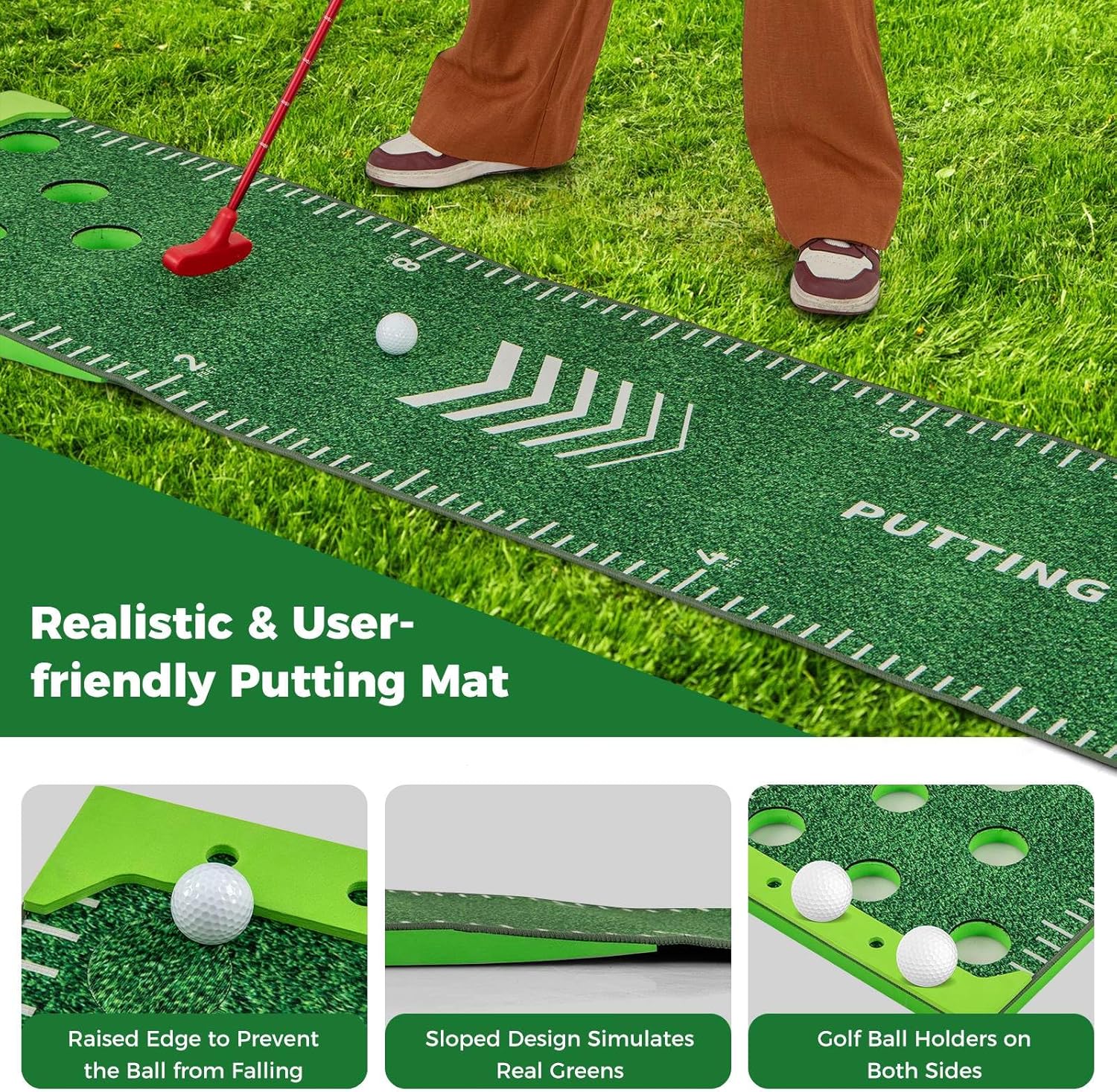 Portable Putting Green Mat with 2 Adjustable Putters, 6 Balls, Carrying Bag, Golf Putting Mat for Party