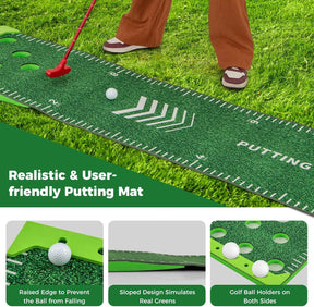 Portable Putting Green Mat with 2 Adjustable Putters, 6 Balls, Carrying Bag, Golf Putting Mat for Party