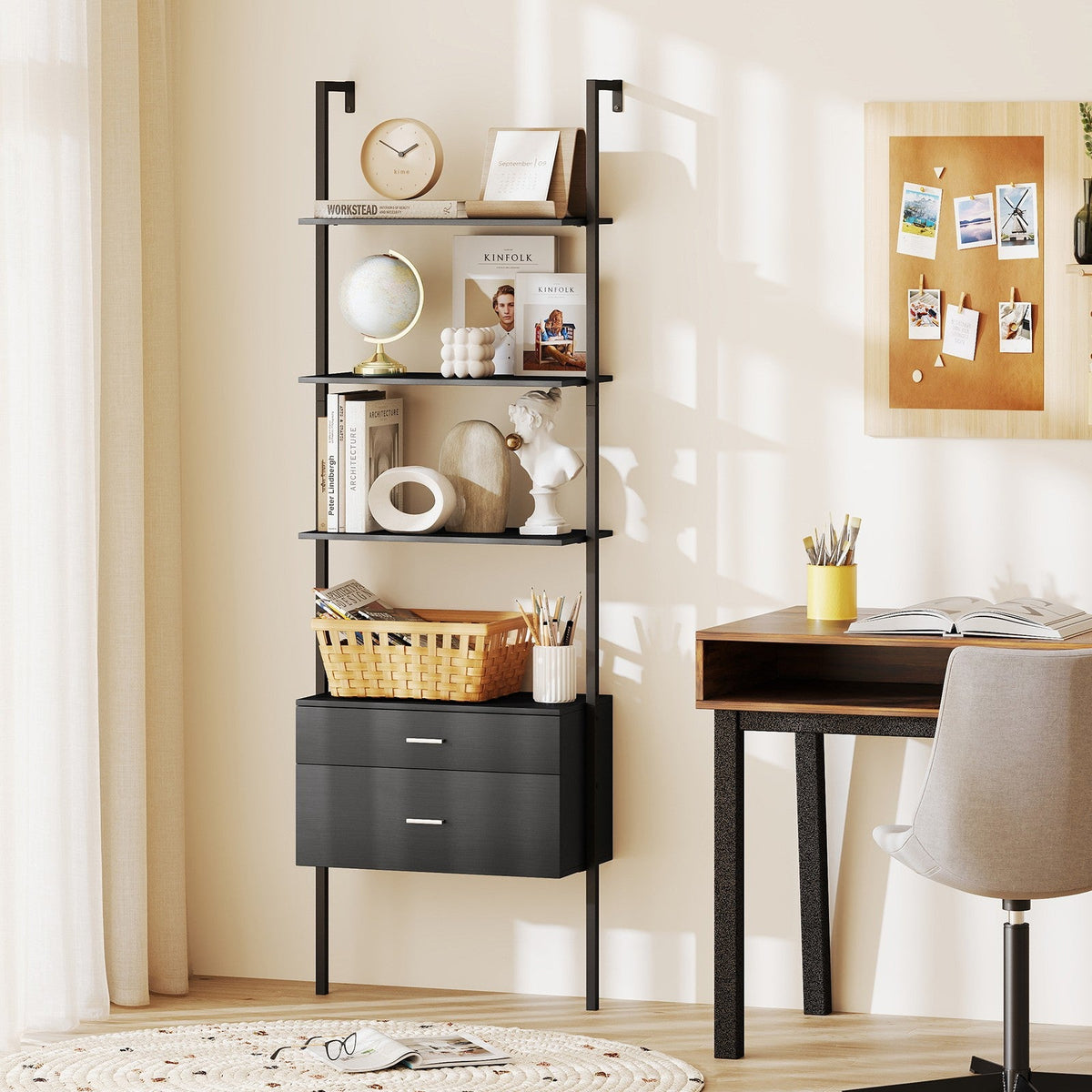 6-Tier Ladder Bookcase w/ 2 Drawers