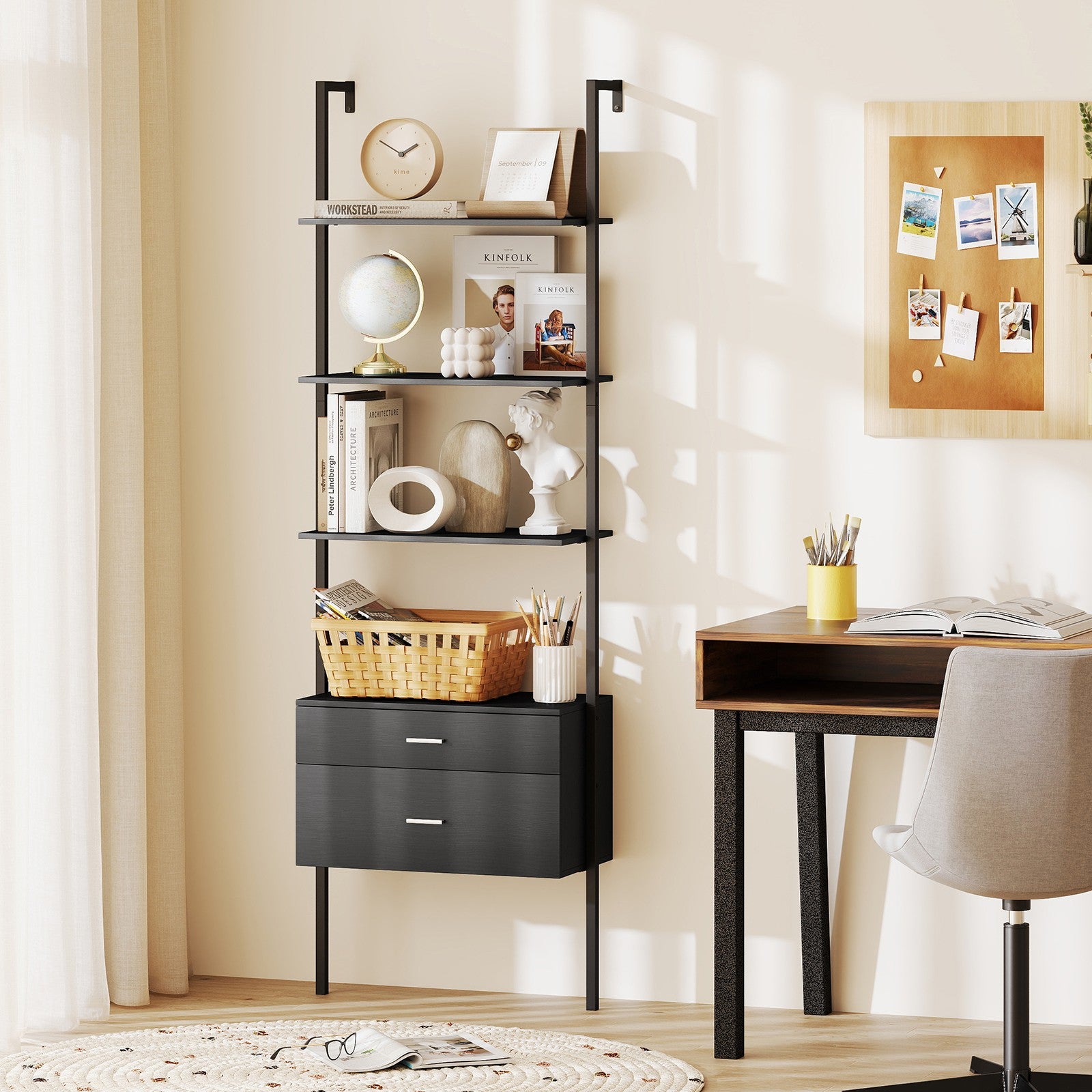 6-Tier Ladder Bookcase w/ 2 Drawers