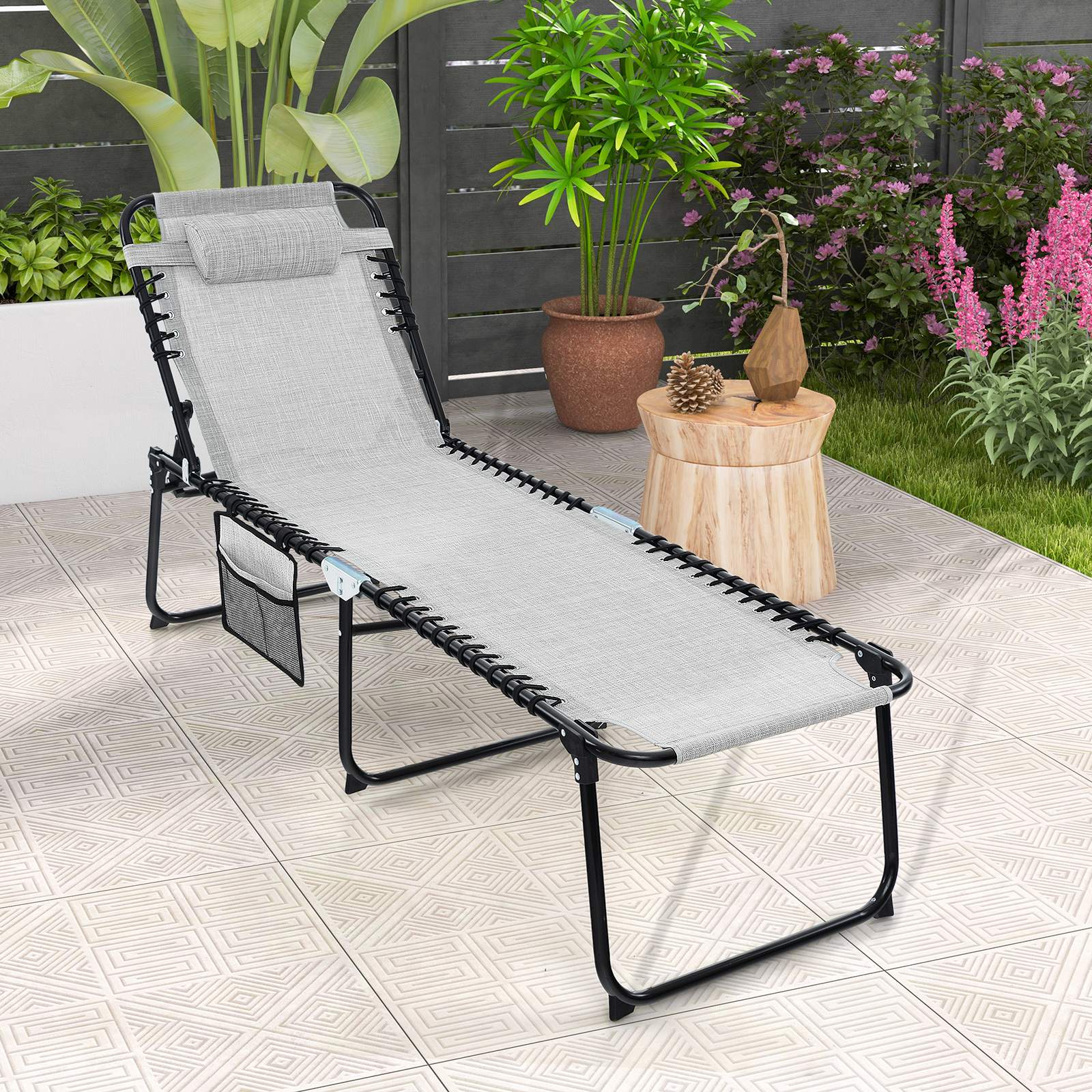 Patio Folding Chaise Lounge with 4-Level Backrest & Detachable Headrest Outdoor（70cm）