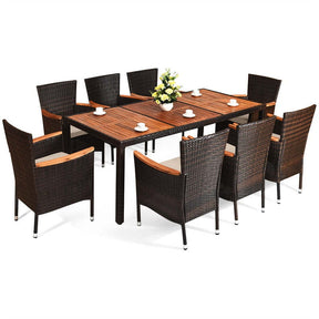 9-Piece Outdoor Patio Dining Set with Acacia Wood Top Table, 8 Stackable Cushioned Rattan Chairs, Steel Frame for Poolside, Backyard