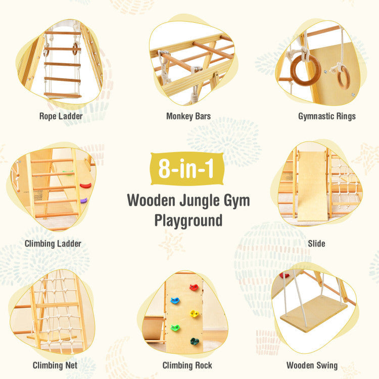 8-in-1 Indoor Jungle Gym Set Kids Wooden Climbing Toys Playset with Slide and Monkey Bars