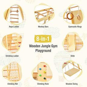 8-in-1 Wooden Children Climbing Toys Kids Jungle Gym Playset with Monkey Bars