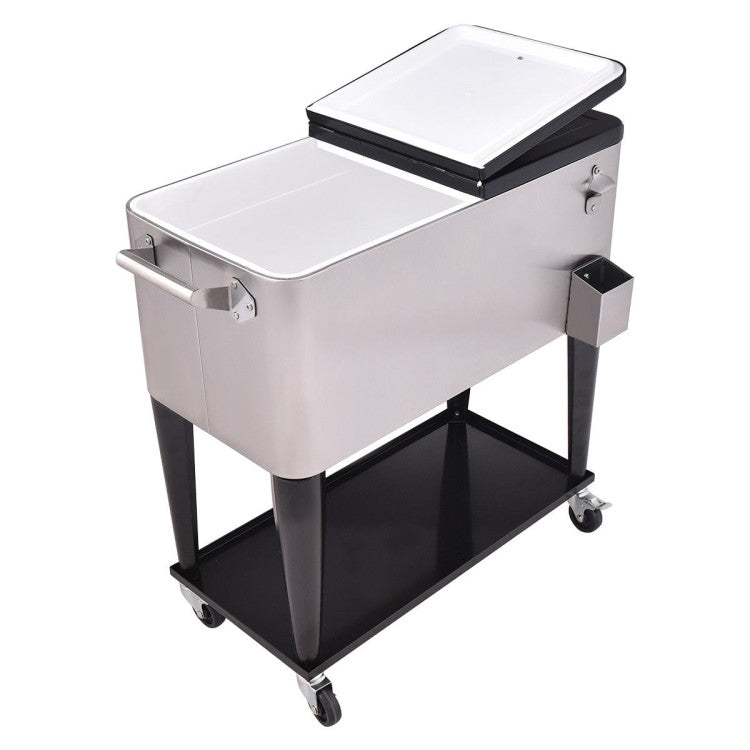 80 Quart Rolling Stainless Steel Ice Beverage Cooler for Patio and Camping with Casters