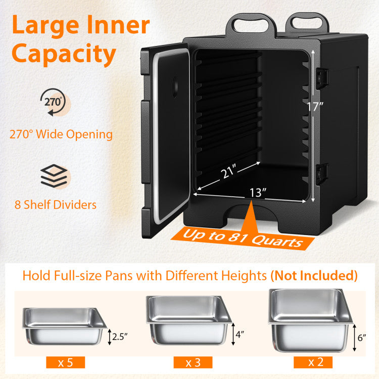 81 Quart Insulated Food Pan Carrier Stainless Steel Front Loading Food Warmer with Handles and Double Buckles for Restaurant Canteen