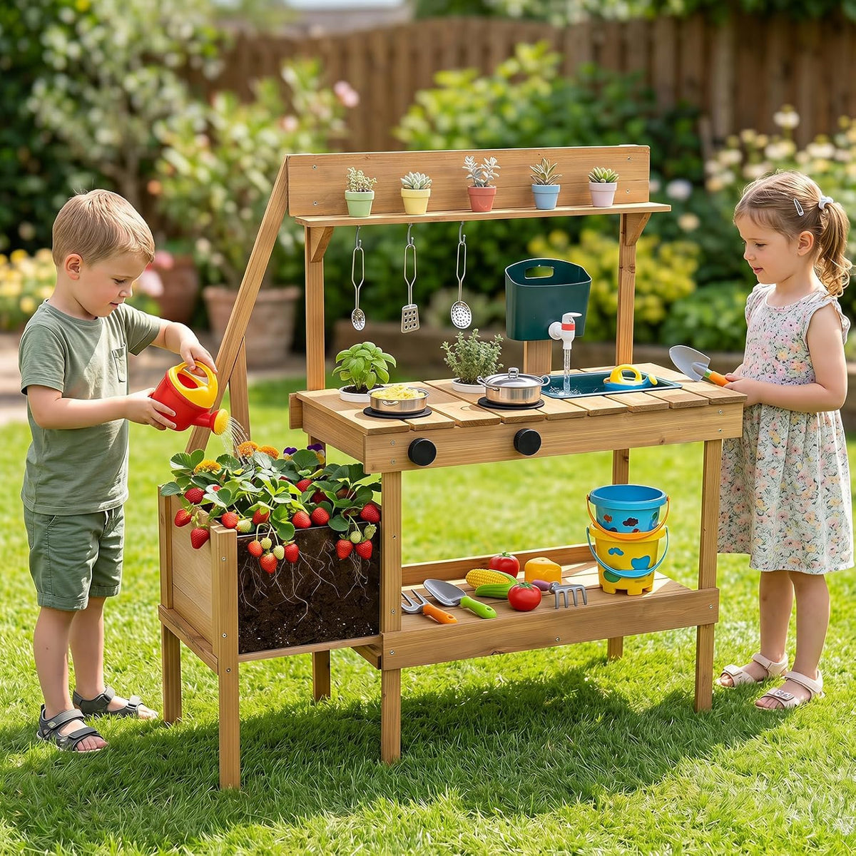Kids Mud Kitchen, Wooden Play Kitchen with Planter Box, Stoves, Water Tank, Sink & 9 Accessories, Outdoor Pretend Kitchen Playset for Toddlers Aged 3+
