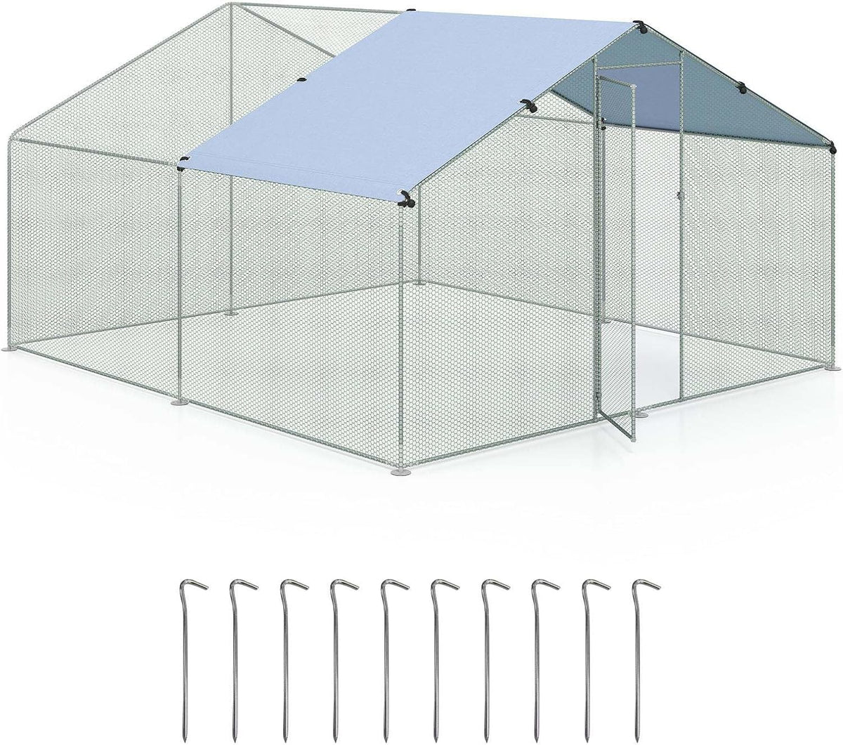 Large Chicken Coop, Walk-in Poultry Cage w/Oxford Canopy, Hexagonal Mesh Net, Lockable Door & Ground Stakes, Spire-shaped Pet House for Duck, Goose, Rabbit