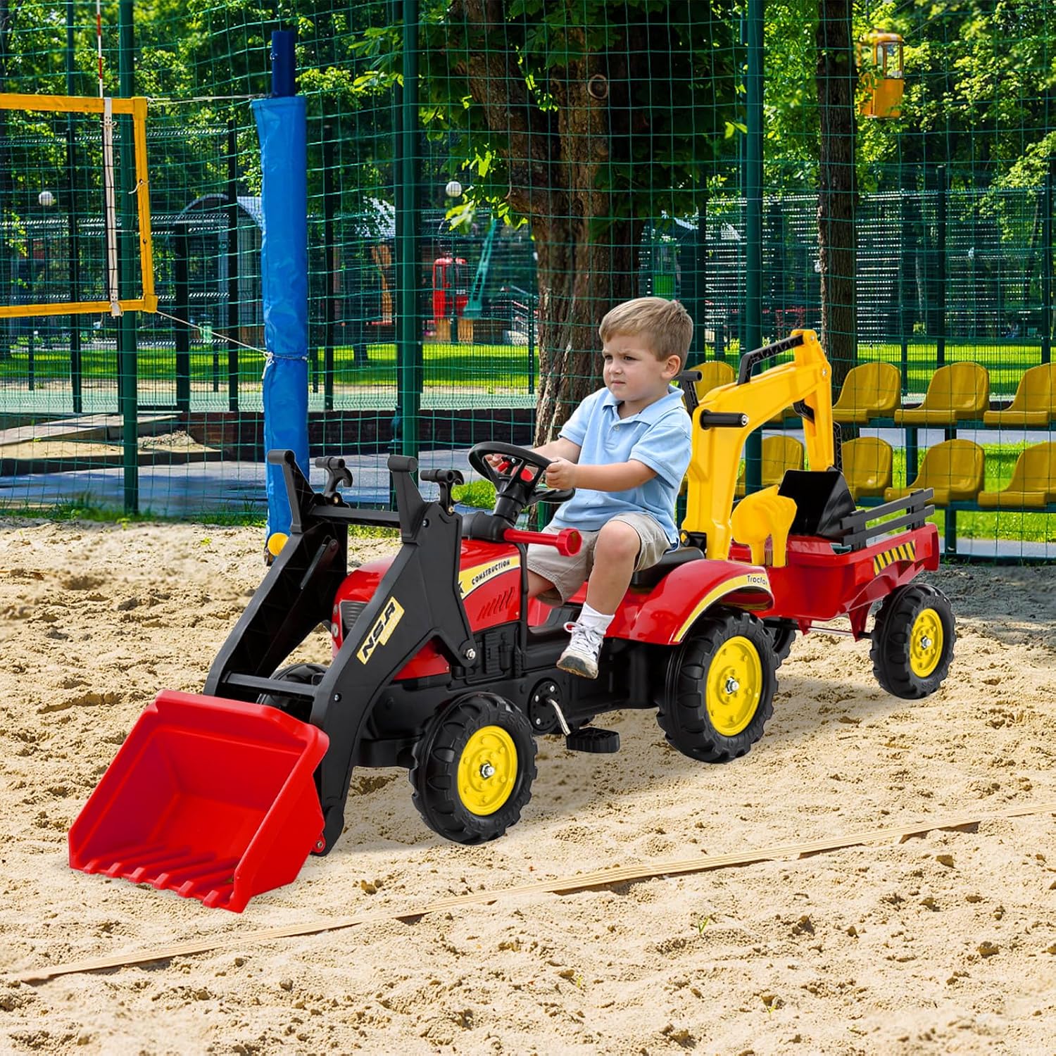 3 in1 Kids Ride On Excavator, Pedal car Bulldozer with 6 Wheels & Detachable Trailer