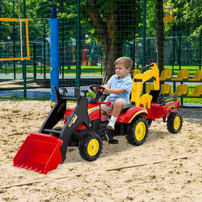 3 in1 Kids Ride On Excavator, Pedal car Bulldozer with 6 Wheels & Detachable Trailer