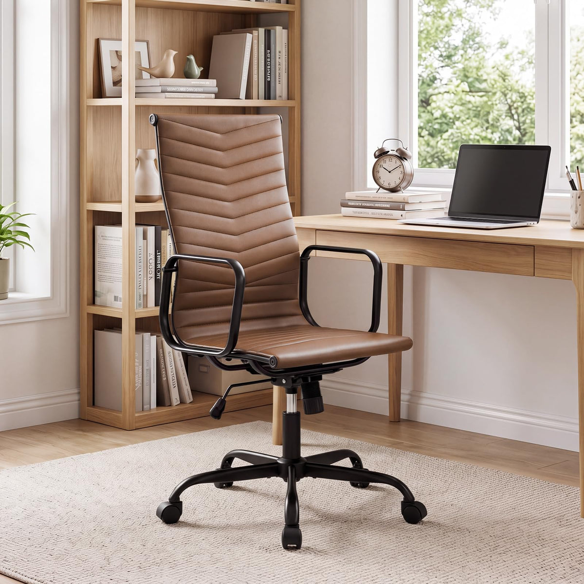 Ribbed Office Chair High Back PU Leather for Home Office, Black/Brown