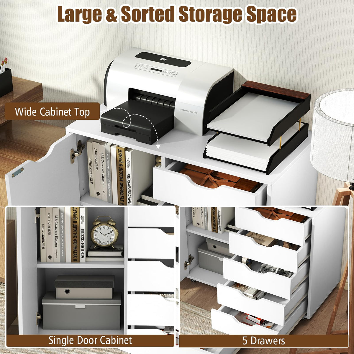 5-Drawer Chest with Door, Mobile File Cabinet with 5 Casters & Adjustable Shelf, Rolling Chest of Drawers Printer Stand