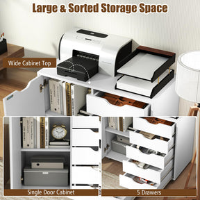 5-Drawer Chest with Door, Mobile File Cabinet with 5 Casters & Adjustable Shelf, Rolling Chest of Drawers Printer Stand