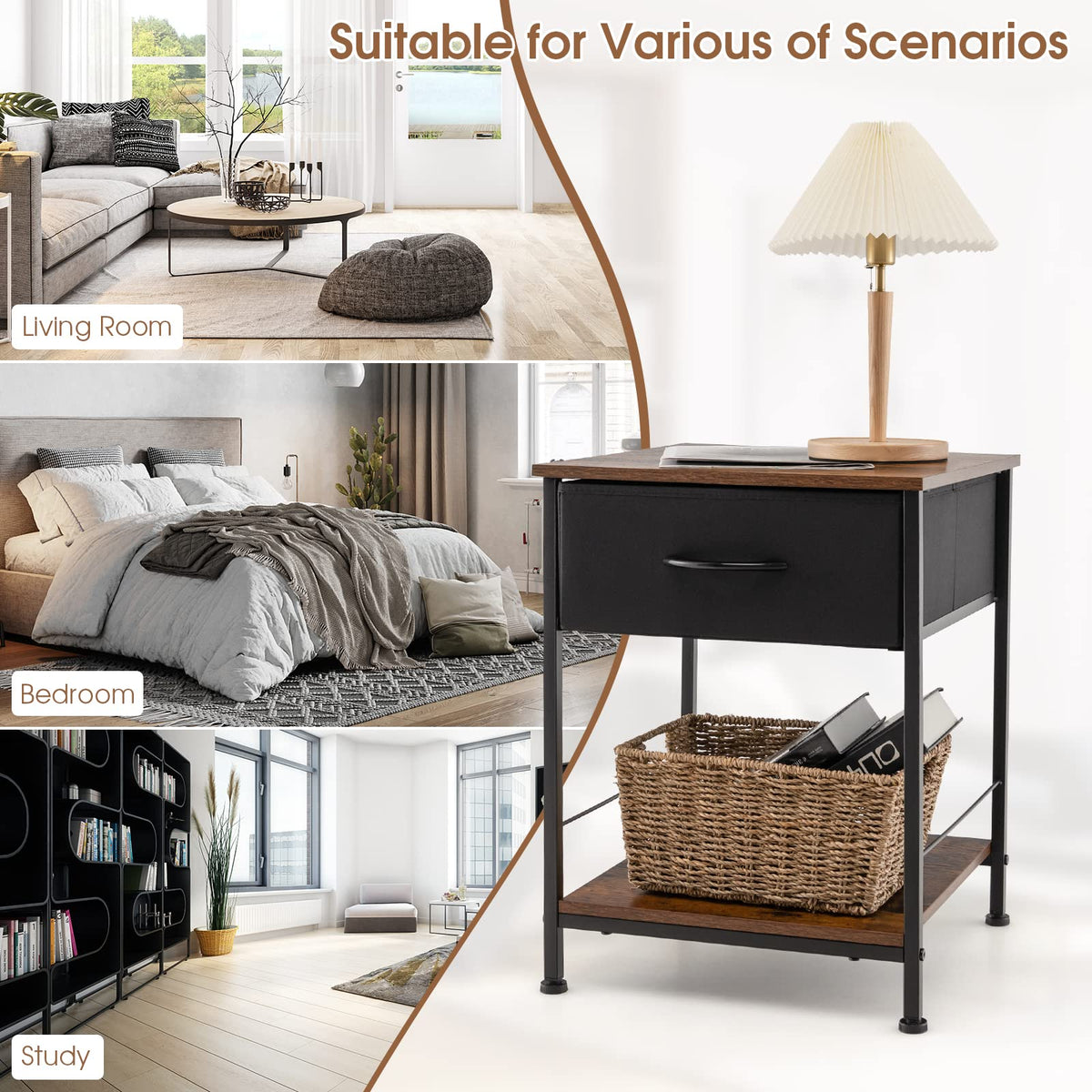 2 Tiers Nightstand for Bedroom, Compact Industrial Style Sofa Side & Bedside Table