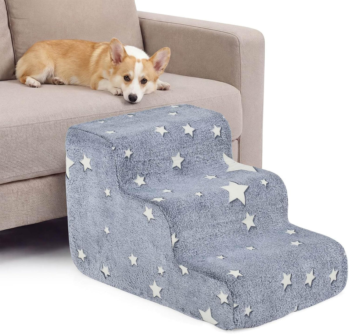 3/4-tier Foam Dog Stairs for High Bed & Couch, Glow-in-the-Dark High-density Pet Ramp w/ Non-Slip Bottom, Washable Flannel Cover, Soft Doggy Ladder for Injured, Senior, Small to Medium/Large Dogs