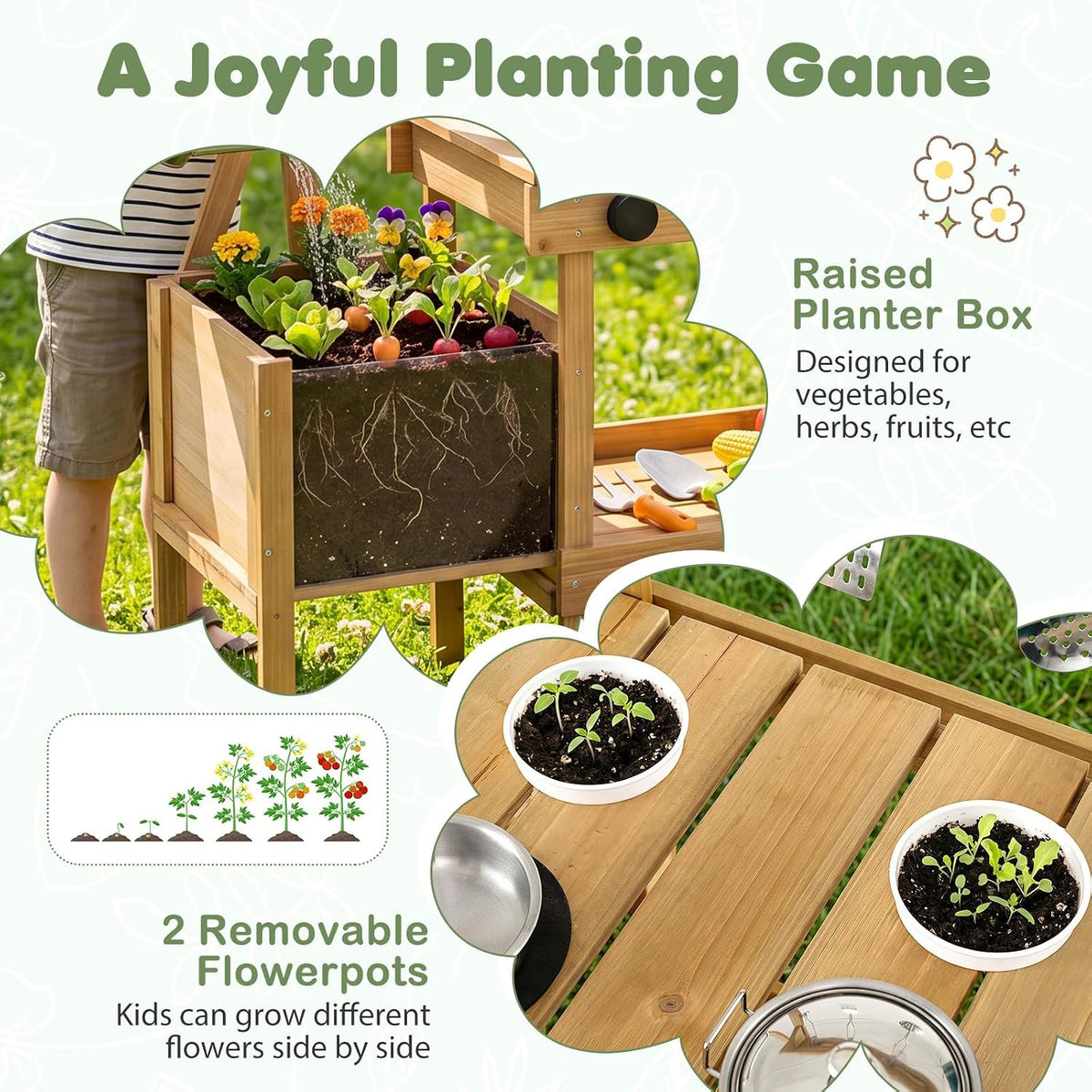 Kids Mud Kitchen, Wooden Play Kitchen with Planter Box, Stoves, Water Tank, Sink & 9 Accessories, Outdoor Pretend Kitchen Playset for Toddlers Aged 3+