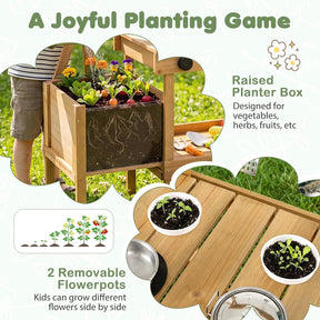Kids Mud Kitchen, Wooden Play Kitchen with Planter Box, Stoves, Water Tank, Sink & 9 Accessories, Outdoor Pretend Kitchen Playset for Toddlers Aged 3+