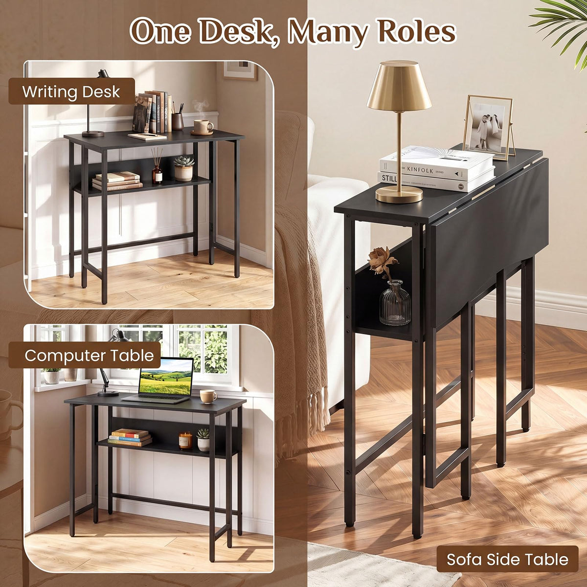 Small Folding Desk, 80 CM Computer Desk w/ Storage Shelf, Drop Leaf, & Metal Legs