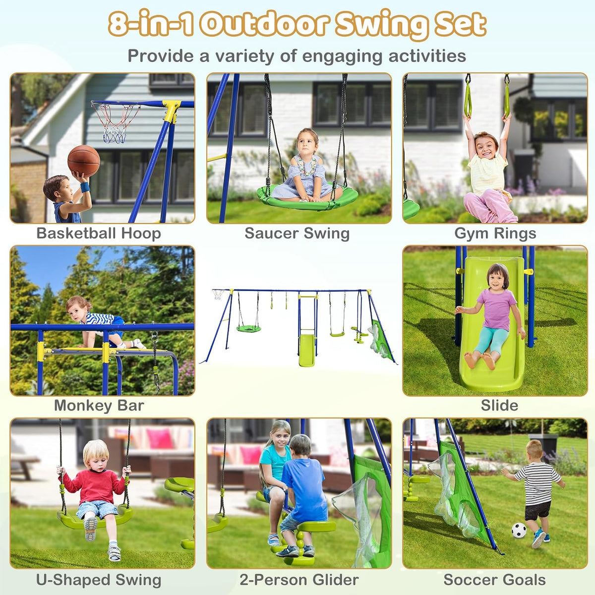 8-in-1 Outdoor Swing Set, Heavy-Duty Swing Stand with A-Shaped Metal Frame, 2 Swings, Glider, Gym Rings