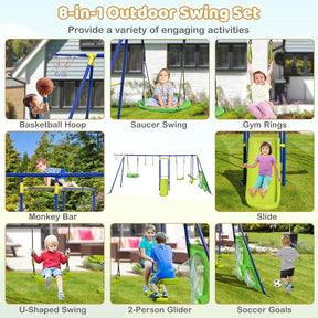 8-in-1 Outdoor Swing Set, Heavy-Duty Swing Stand with A-Shaped Metal Frame, 2 Swings, Glider, Gym Rings