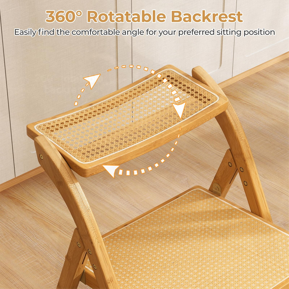 Rattan Cane Folding Chairs Set of 2, Bamboo Dining Chairs, Kitchen Side Chairs with Rotatable Backrests
