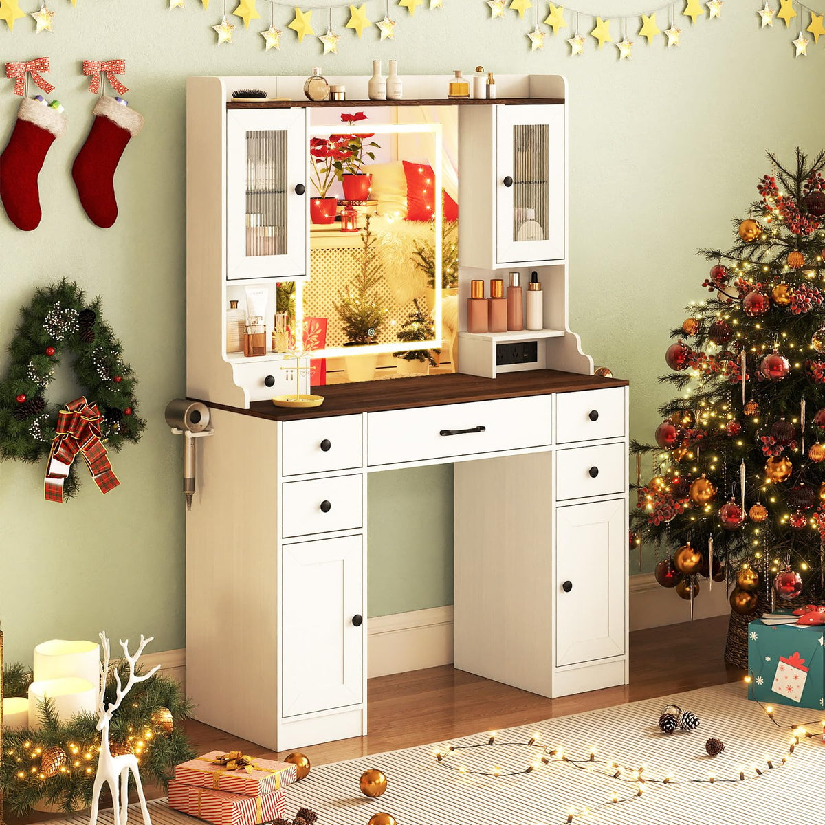 Vanity Desk with Mirror and Lights, Modern Dressing Table with Charging Station